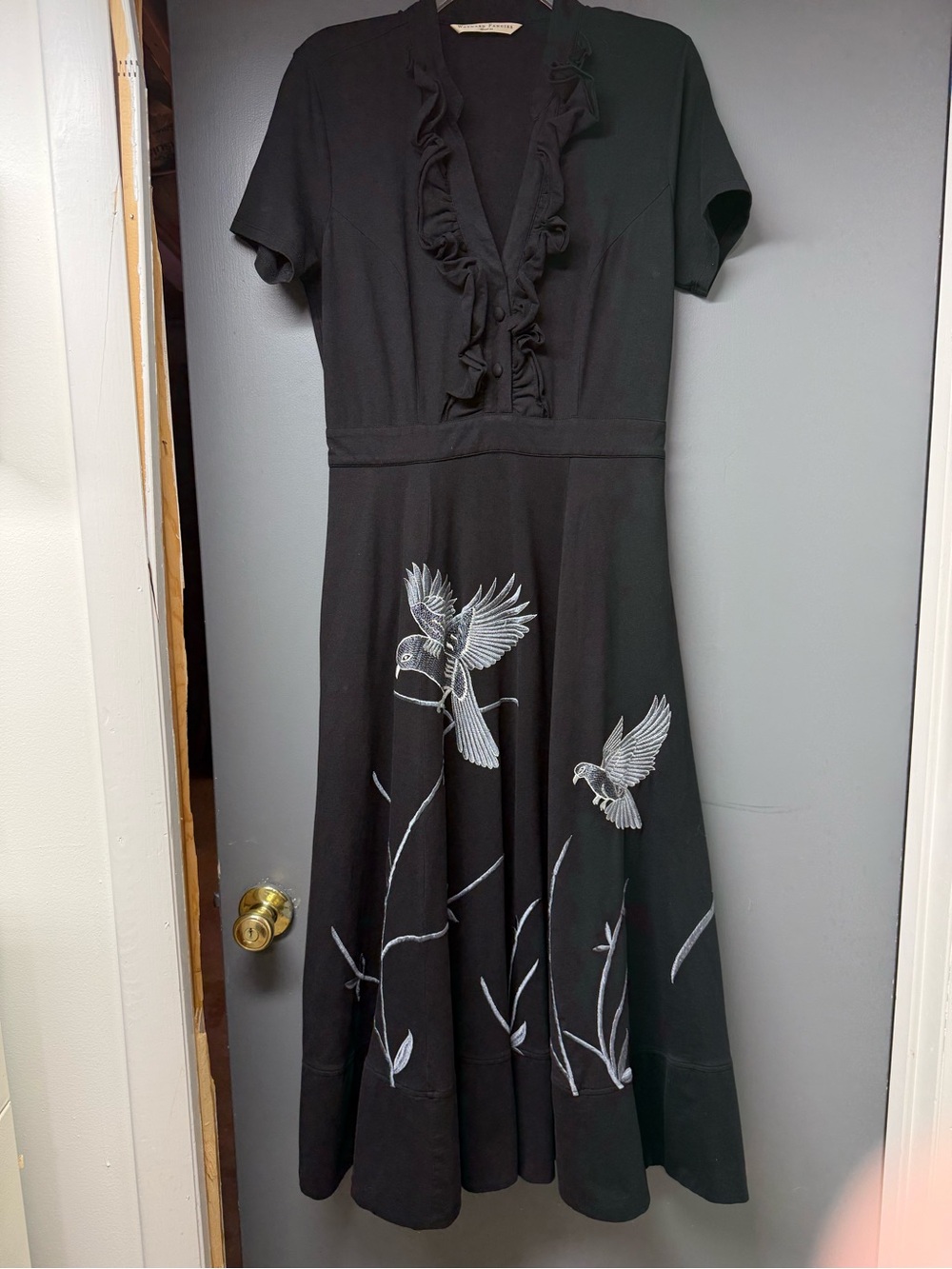 Wayward Fancies eshakti Gothic/Boho Black Dress White Bird Embroidered Size M
